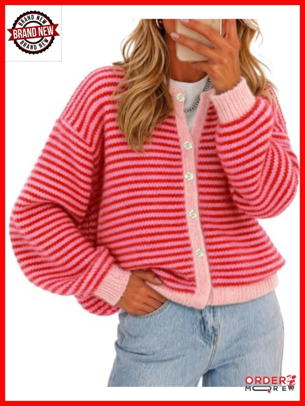 Women's Striped Button Up Cardigan Sweater Long Sleeve Knit Top